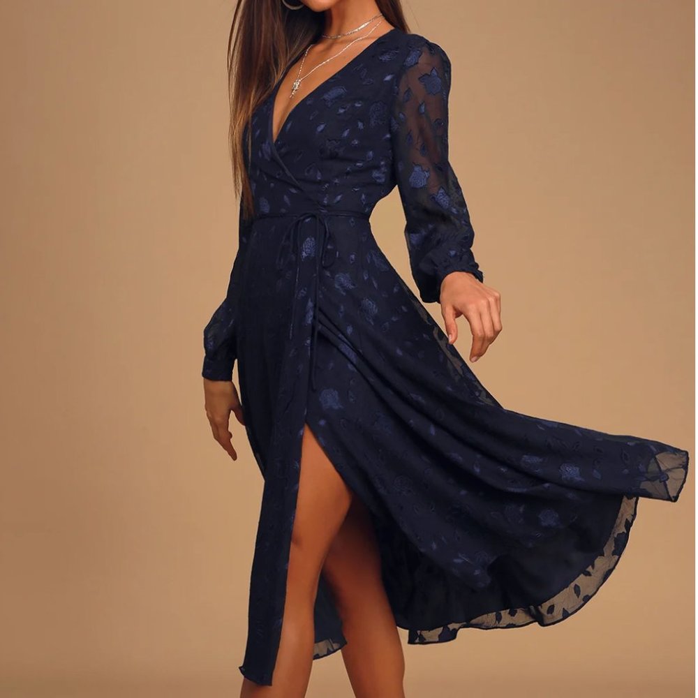 Lulus Evening of Elegance Navy Blue Floral Jacquard Wrap Midi Dress